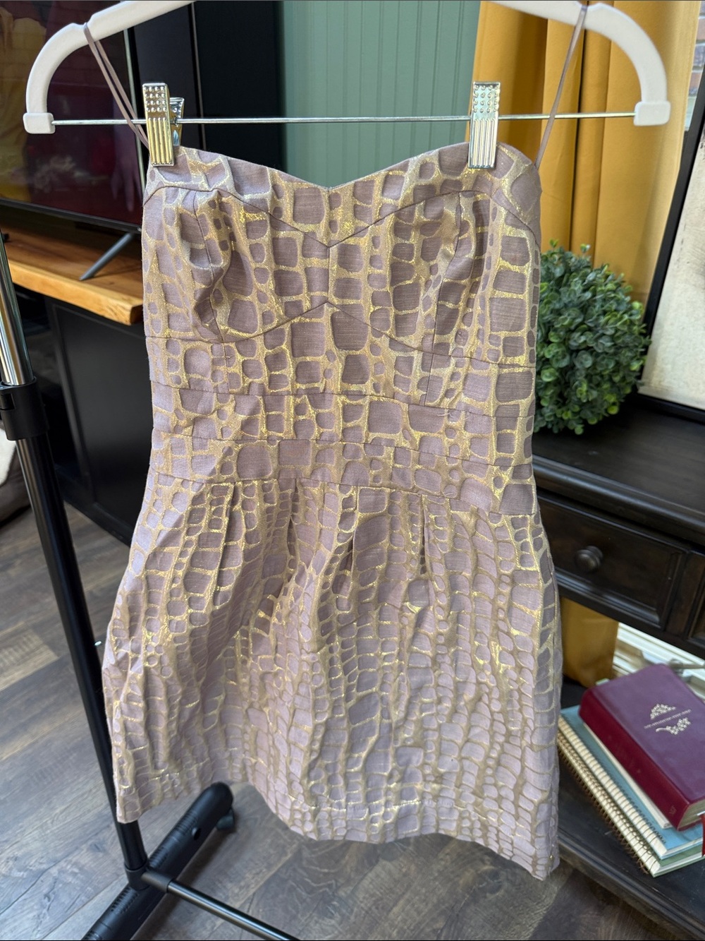 American Eagle Outfitters Lavender Strapless Dress with Gold Pattern